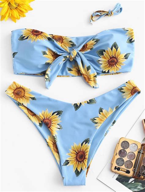 Zaful Knot Sunflower Print Bikini Set Denim Dark Blue Firebrick Light