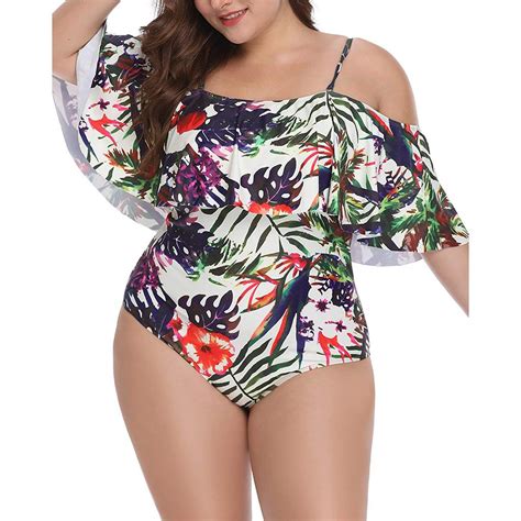 Sunnyli Plus Size Women Ruffle Flounce Off Shoulder Swimwear Printed