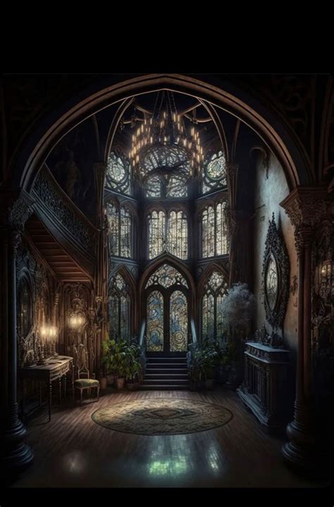 Gothic Style Foyer with Chandeliers and Stained Glass Windows