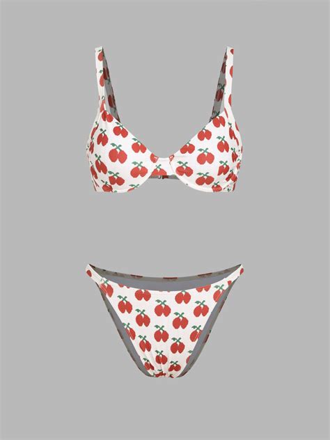 Cherry Print Bikini Swimsuit For Vacation Swimming Pool Beach