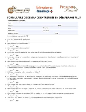 Fillable Online Formulaire De Demande Entreprise En Dmarrage Plus Fax