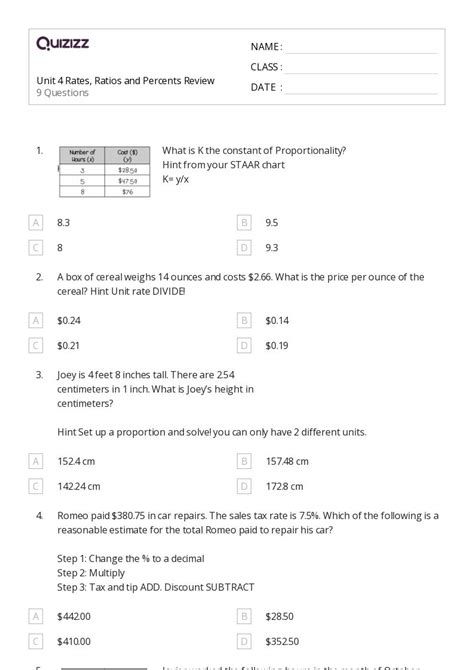 50 Percents Ratios And Rates Worksheets For 7th Grade On Quizizz