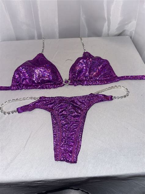 NPC Competition Bikini Purple Posing Suit Hologram 34DD Pro Cut Bottoms