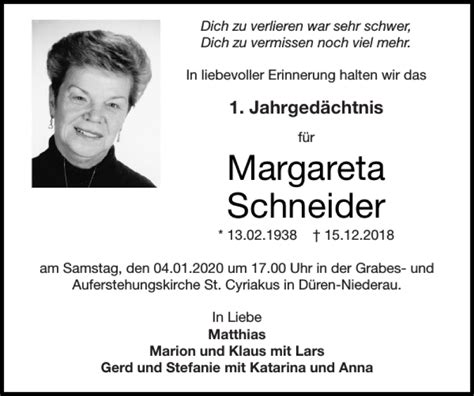 Traueranzeigen Von Margareta Schneider Aachen Gedenkt