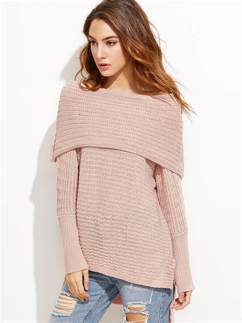 Pink Off The Shoulder High Low Foldover Sweater Shein Sheinside