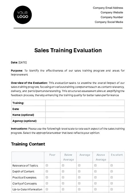 Free Sales Training Evaluation Template to Edit Online