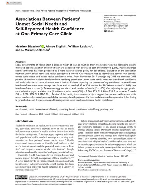 Pdf Associations Between Patients Unmet Social Needs And Self