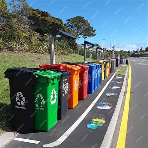 A roadside recycling station with clearly marked bins and signage for
