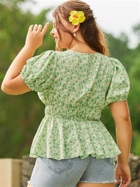 Plus Ditsy Floral Puff Sleeve Peplum Blouse Shein Usa