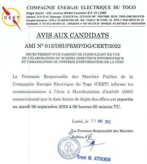 Avis Aux Candidats Ami N Dsi Prmp Dg Ceet Compagnie Energie