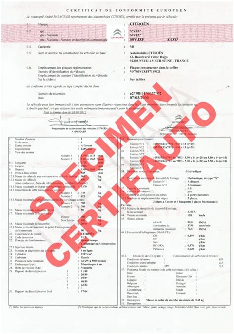 Certificat De Conformit Europ En Citroen Coc Commandez Votre