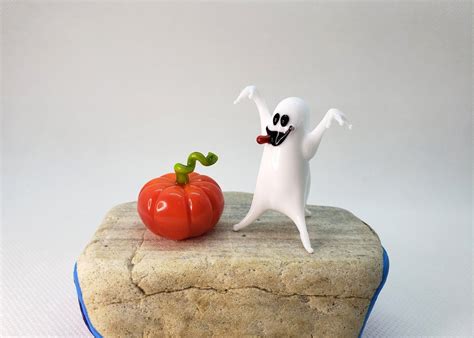 Ghost And Pumpkin Figurine Figurine Ghost Little Glass Pumpkin Miniature Ghost Small Glass