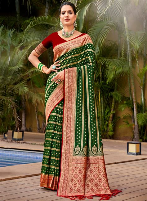 Buy Green Banarasi Silk Weaving Festival Wear Saree Online From Surat