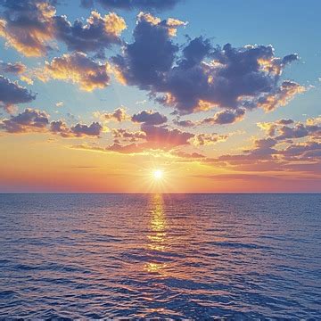 Beautiful Sunset Over The Sea With Sun And Clouds In Sky Background