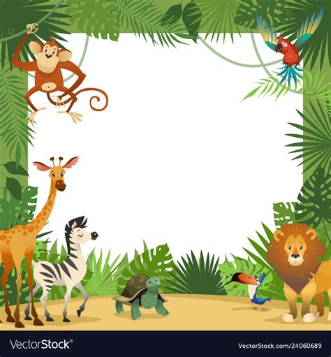 Jungle Animals Card Frame Animal Tropical Leaves Vector Image