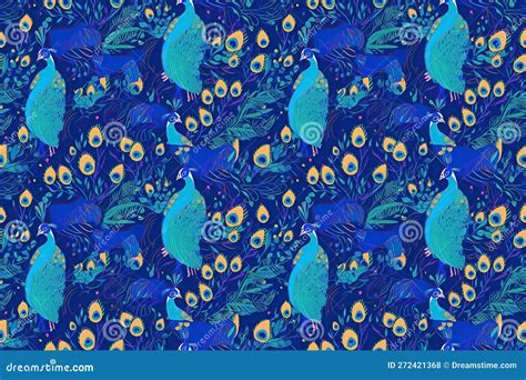 Seamless Background With Pattern Of Birds Peacocks With Feathers