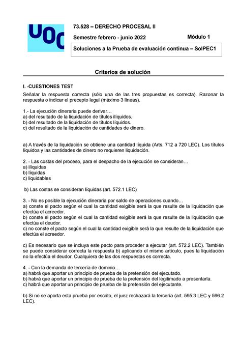 73528 Sol PEC 1 Febrero Junio 2022 73 DERECHO PROCESAL II Semestre