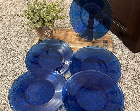 Vintage Cobalt Blue Glass Salad Plates Set Of 5 FIVE Thick Cobalt Blue