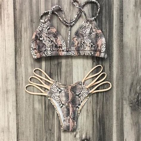 Sexy Print Straps Side Hollow Out Triangle Bikini On Luulla