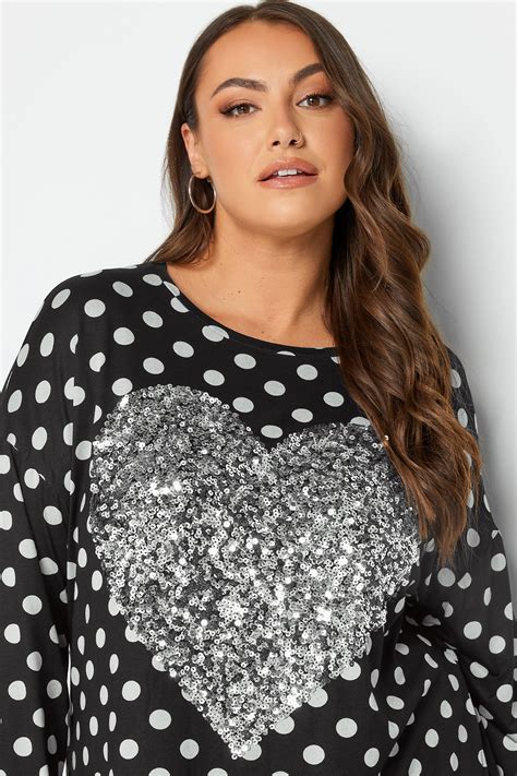 Yours Curve Plus Size Black And Silver Sequin Polka Dot Top Yours Clothing