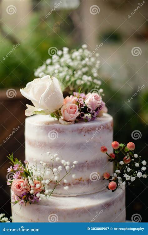 White Three Tiered Naked Wedding Cake With Tiny Pink Orange Roses Decoration Stock Image