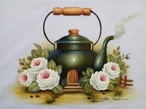 A Painting Of A Tea Kettle With Flowers On It