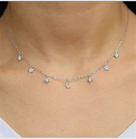 Серебрянная цепочка с подвесками звездами и месяцами Diamond Necklace ...