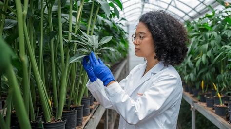 Botánica examinando una muestra de planta durante una inspección de