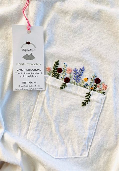 Hand Embroidered Floral White Pocket T Shirt Wildflower Etsy