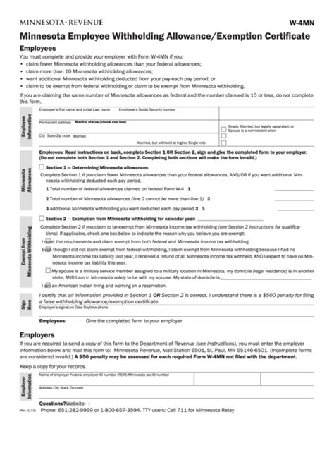 Fillable Form W Mn Minnesota Employee Withholding Allowance