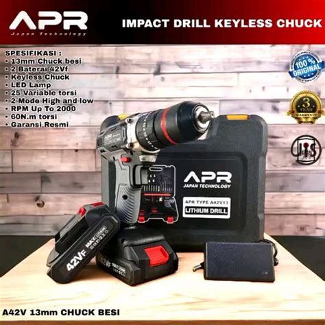 Bor Cordless APR 42V Keyless Chuck Besi 13MM Full Fitur Impact Drill