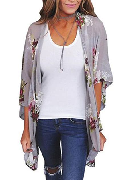 Women Floral Loose Kimono Cardigan Boho Sun Block Coat Jacket Blouse