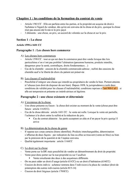 Fiches droit des contrats spéciaux Chapitre 1 les conditions de la