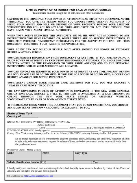 Power Of Attorney For Sale Of Motor Vehicle New York Doc Template