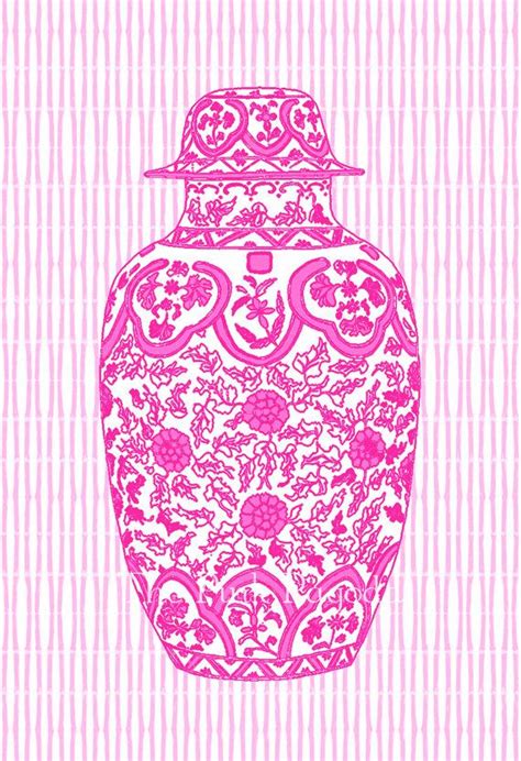 Hot Pink Ming Chinoiserie Ginger Jar On Bamboo Stripe Giclee Etsy