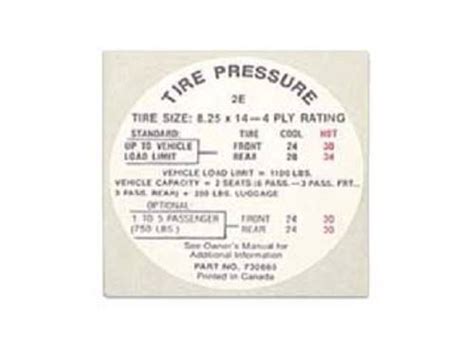 Glove Box Tire Pressure Decal 1968 Impala Or Impala SS Jim Osborn