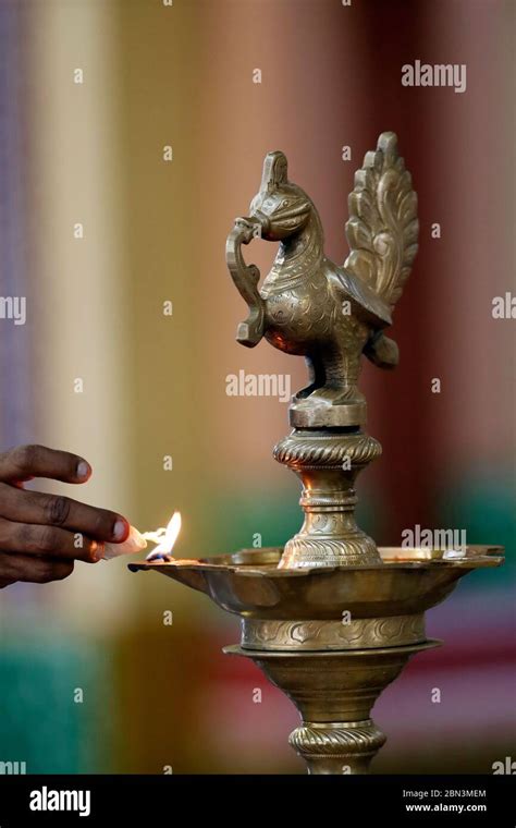 Sri Mahamariamman Hindu Temple Peacock Brass Oil Wick Diya Or Oil Lamp