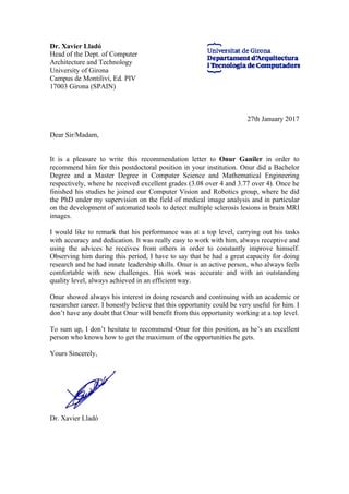 Recommendation Letter From Phd Xavier Llado Pdf