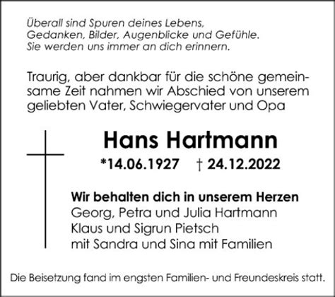 Traueranzeigen Von Hans Hartmann Trauerportal Ihrer Tageszeitung