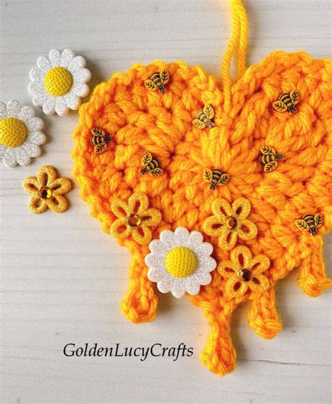 Crochet Honey Heart Ornament Goldenlucycrafts