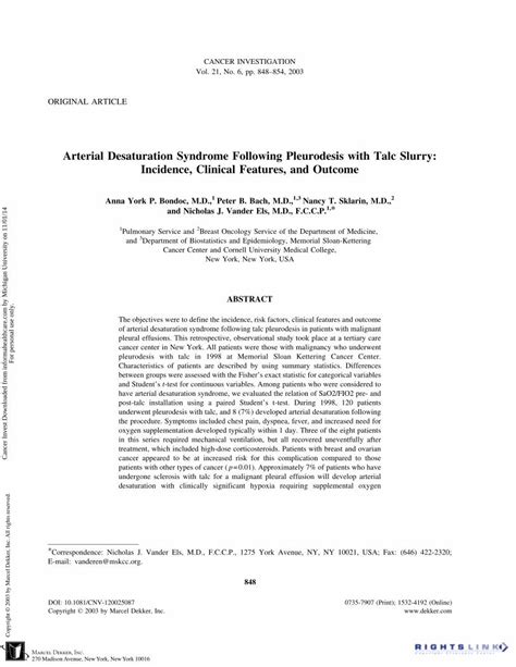 Pdf Arterial Desaturation Syndrome Following Pleurodesis With Talc