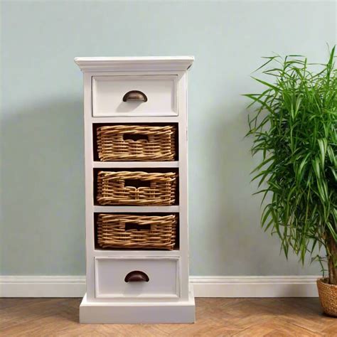 Halifax White Painted Narrow Tallboy Chest Of Drawers With Rattan Bask