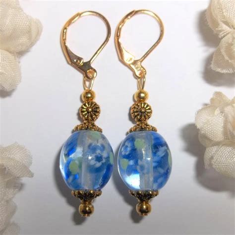 Wvluckygirl Jewelry Gold And Blue Flower Earrings Dangle Drop