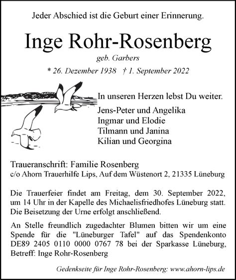 Traueranzeigen Von Inge Rohr Rosenberg Trauer L Neburg De