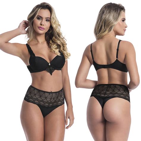 Conjunto De Lingerie Preto Em Microfibra E Renda VC6012