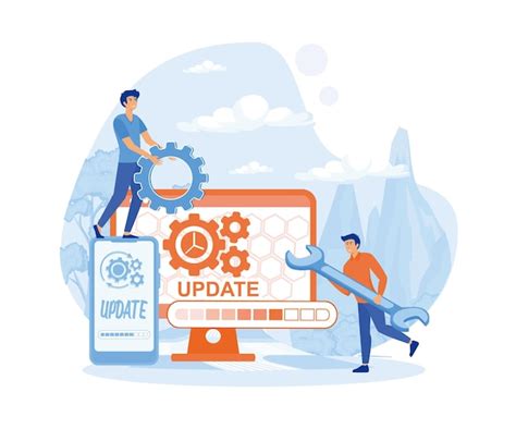 Software Update Mini Leute Arbeiten Mit Upgrade System Flacher Vektor