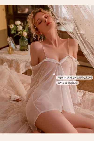 Sexy See Through Uniform Temptation Loose Shirt Chemise Diamond Chain Sexy Lingerie Night Shirt