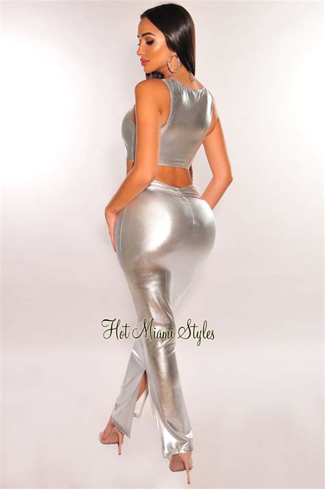 Silver Metallic Ruched Sleeveless Double Slit Skirt Two Piece Set Hot Miami Styles