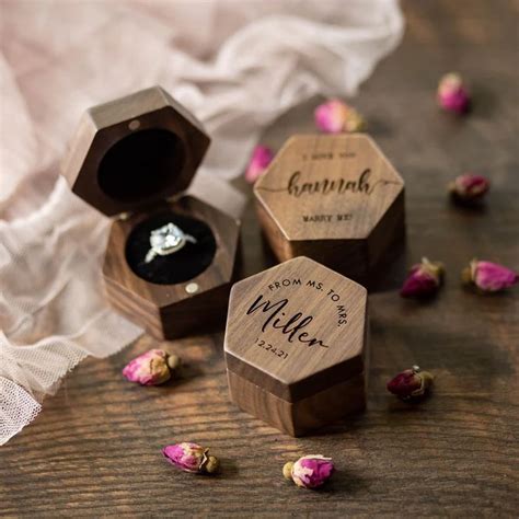 Hexagon Mini Flip Wood Ring Box Engraved Secret Engagement Ring Box