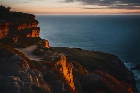 Premium AI Image | A sunset over the ocean with a cliff edge and a ...